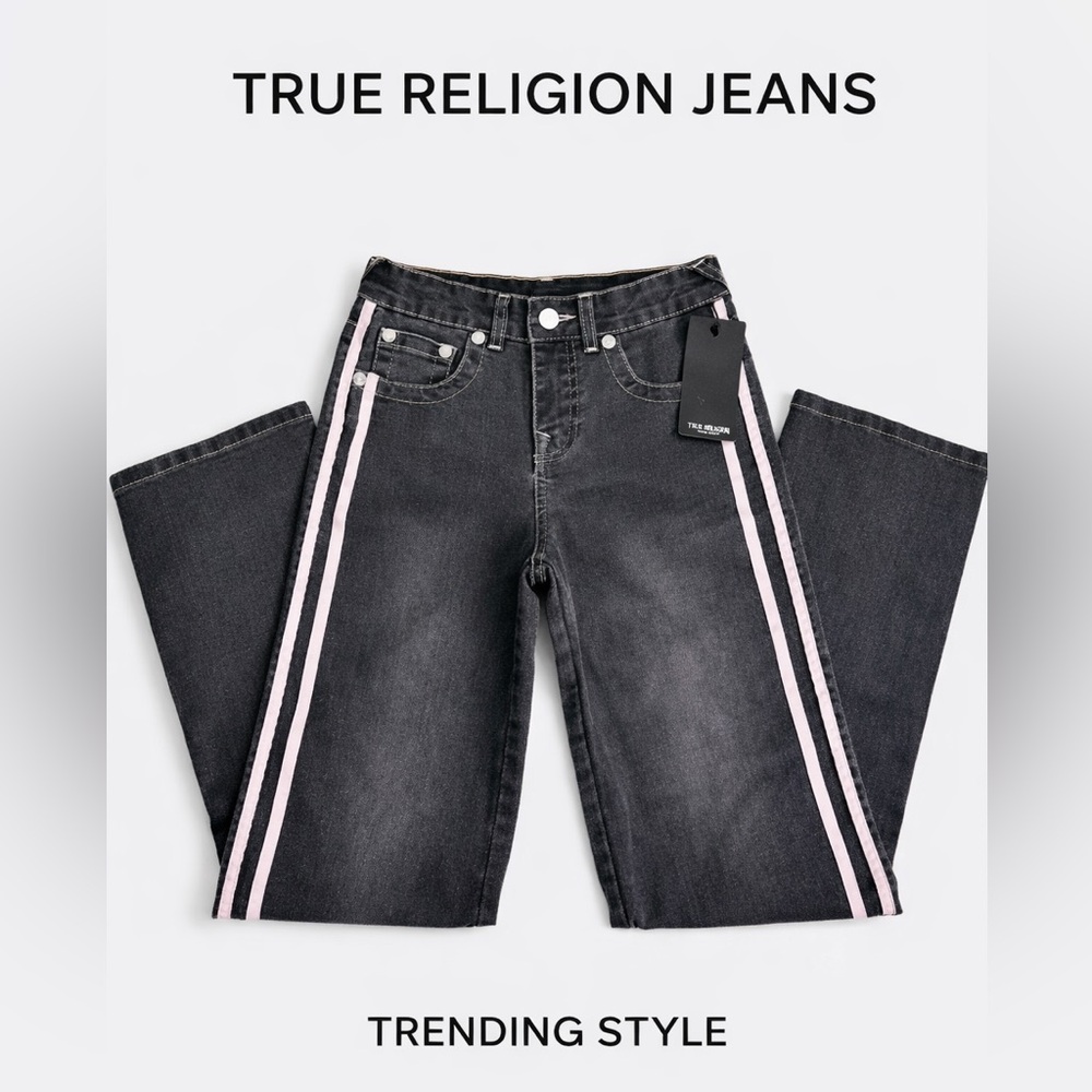 True Religion Kids Black Jeans with Pink Side Stripes GIRLS Sz 10/12 NWT